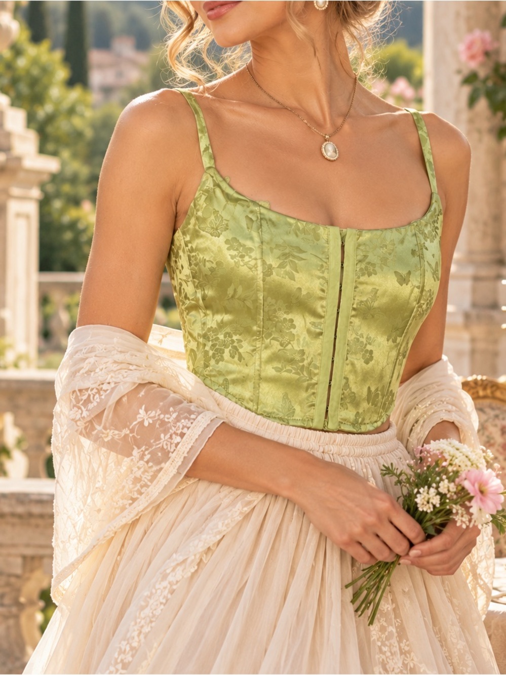 Green Satin Jacquard Corset Bustier Top Floral Butterfly Fairycore Regency XS